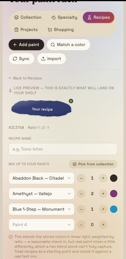 Mixing a recipe from four paints